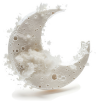 A crescent moon-shaped object erupting in a dynamic display of abstract splatter. png