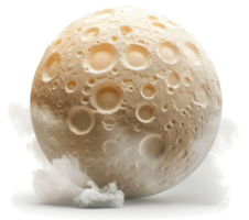 A detailed illustration of the moon, textured with craters, surrounded by wispy clouds. png