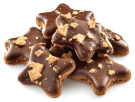 A pile of star-shaped gingerbread cookies, coated in dark chocolate and topped with crunchy bits. png