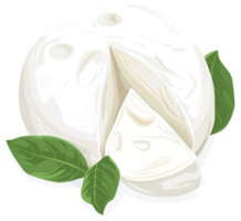 A sliced ball of fresh mozzarella with basil leaves. png