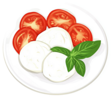 A plate of fresh mozzarella and sliced tomatoes with basil. png