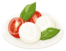 A plate of fresh mozzarella and sliced tomatoes with basil leaves. png