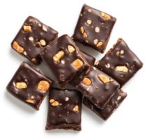 A pile of rich, dark chocolate squares with crunchy pieces. png