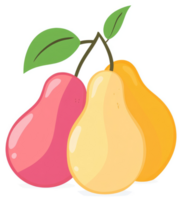 A vibrant illustration of three pears with leaves. png