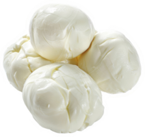 A close-up view of several fresh, round balls of mozzarella cheese. png