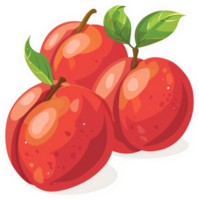 A cluster of three vibrant red plums with leaves. png