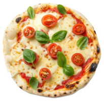 A delectable round pizza topped with fresh basil leaves, cherry tomatoes, and melted mozzarella cheese. png