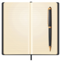 A black lined notebook with a gold pen resting on top of the open pages. png