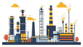 Industrial complex with multiple processing structures and emission stacks. png