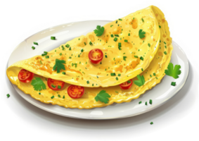 A savory omelet with toppings of cherry tomatoes, parsley, and chives. png