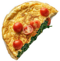 A delicious and healthy breakfast omelet topped with fresh cherry tomatoes and spinach. png