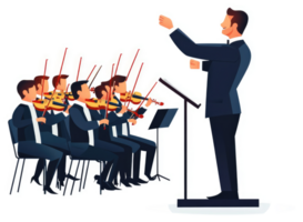 An orchestra conductor leading a string ensemble in performance. png