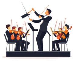 An orchestra conductor leading a string ensemble performance. png