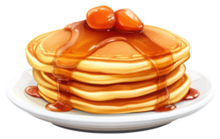 A stack of golden brown pancakes topped with syrup and fruit. png