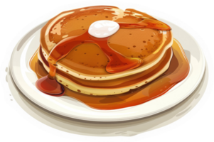 A stack of fluffy pancakes topped with butter and syrup. png
