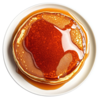 A stack of golden brown pancakes drenched in delicious maple syrup. png