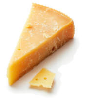A triangular wedge of aged cheese, with a crumbly texture, sits alongside a smaller piece. png