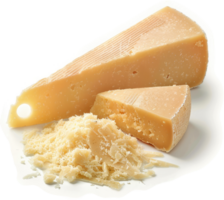 A triangular wedge of cheese and grated cheese on a white surface. png
