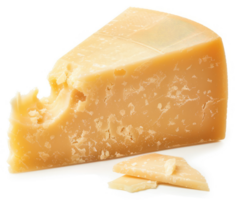 A wedge of aged hard cheese, ready to be enjoyed. png
