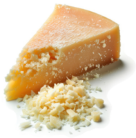 A wedge of parmesan cheese, with grated parmesan, displayed on a white surface. png