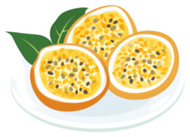 Two halves of a vibrant yellow passion fruit on a plate. png