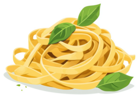 A delicious heap of yellow pasta with fresh basil leaves. png