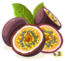 A vibrant display of passion fruit slices and whole fruit. png