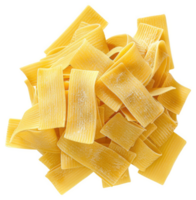 A heap of uncooked pasta, rectangular and ribbon-shaped. png