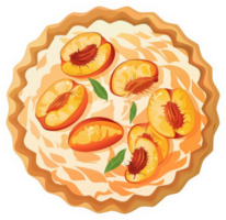 A peach pie with slices of peaches on a creamy filling. png