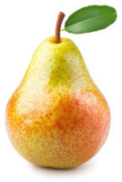 A single, ripe pear with a vibrant, speckled skin and a green leaf. png