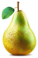 A vibrant, speckled pear with a lush green leaf. png