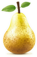 A vibrant yellow pear with green leaves. png