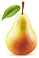 A pear with a vibrant yellow-orange hue and a fresh green leaf. png