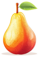A vibrant illustration of a ripe pear with a stem and leaf. png