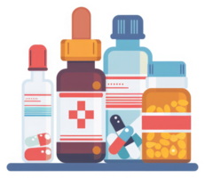 Various medication bottles with different types of pills and liquids. png