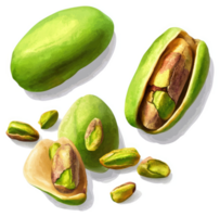 A close-up illustration of pistachios in various stages of removal from their shells. png