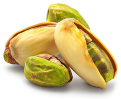 Close-up view of three pistachios in their shells. png