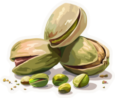 A colorful depiction of pistachios in their shells and out. png
