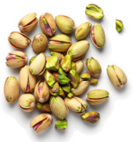 A high-angle close-up view of pistachios, whole and shelled, scattered on a white surface. png