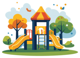 Colorful playground with slides and climbing structures in a park setting. png