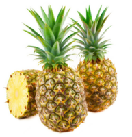 Three pineapples, including a half pineapple, displayed against a white background. png