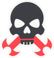 A graphic design of a skull with crossed red wrenches. png