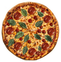 A delicious pizza topped with pepperoni, basil leaves, and tomato sauce. png