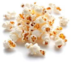 A pile of buttery popcorn kernels scattered on a white background. png