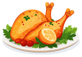 Roasted chicken with lemon and herbs on a plate. png