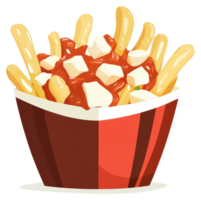 A generous portion of poutine, featuring french fries, cheese curds, and a savory gravy. png
