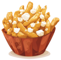 A hearty portion of poutine fries topped with melted cheese curds. png