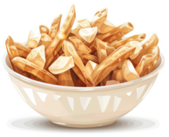 A bowl of crispy poutine fries topped with melted cheese curds. png