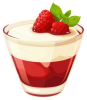 A glass dessert with layers of creamy custard and red raspberry jam. png
