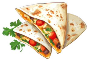 Three delicious quesadillas piled high with colorful fillings. png